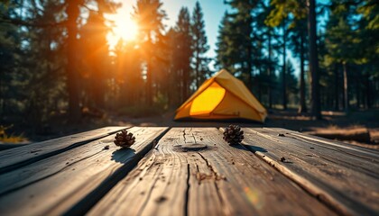 a empty wooden table in the foreground with a tent and trees in the blurred background, suggesting a