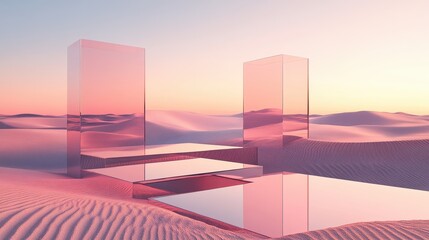 Poster - A surreal landscape featuring reflective pink structures in a sandy desert.