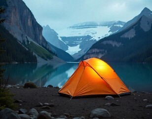 camping and tent near lake. a camping tent in a nature hiking spot. ai generated image