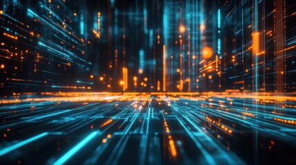 Poster - A digital abstract representation of data streams in vibrant blue and orange colors.