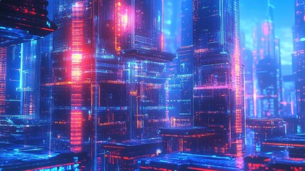 Poster - A vibrant, futuristic cityscape with glowing neon lights and digital structures.