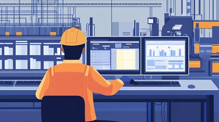 Poster - an engineer using software to monitor and control factory equipment remotely.