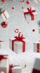 Wall Mural - Gift boxes and decorations falling amidst snowflakes in a festive atmosphere during winter