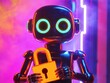 © Alexandr - A friendly, futuristic robot with large, glowing eyes clutches a key-shaped padlock, representing digital security and protection, in a neon-drenched, abstract environment.