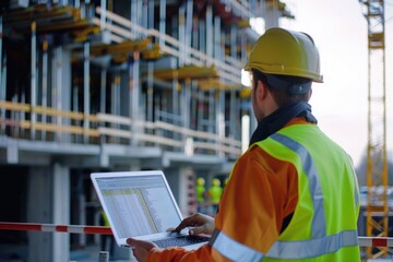 construction  Supervisors using laptop at construction site