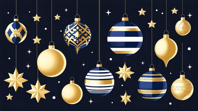 Modern Festive Ornaments Navy and Gold Stars, Spheres, and Hanging Designs