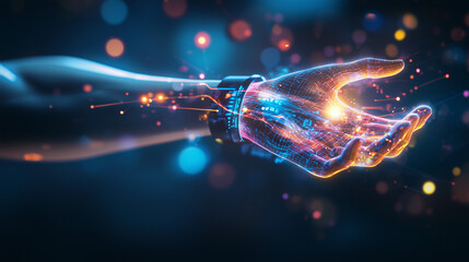 Poster - A stylized image depicts a robotic hand emanating energy, showcasing futuristic technology, digital transformation, AI integration, and humanmachine connection