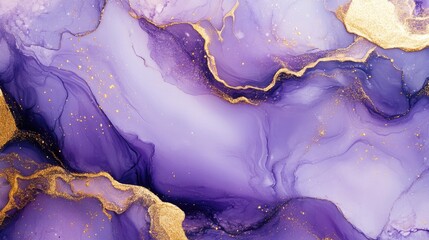 Wall Mural - Elegant abstract painting with swirling purple and gold tones.