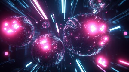 Fototapete - Abstract digital artwork featuring glowing spheres and neon lights in a futuristic setting.