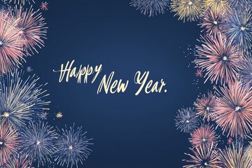 Wall Mural - Fireworks light up a blue night sky, signifying the New Year, suitable as a background for congratulations or invitation cards in a modern illustration style.