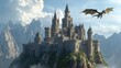 © styloo - Majestic castle perched atop a mountain, with a dragon soaring overhead.