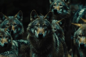 a pack of wolves on a dark night