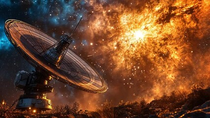 Poster - Cosmic exploration with a satellite dish observing a vibrant stellar explosion in deep space
