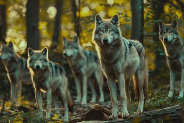  gray wolf pack in forest  wolf  gray wolf  wolf