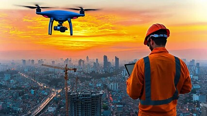 Poster - Innovative drone surveying in urban cityscape during sunset for construction projects
