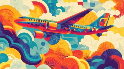 Poster - A vibrant illustration of a colorful airplane soaring through stylized clouds.