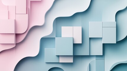 Fototapete - Abstract layered design with soft pink and blue shapes, creating a modern aesthetic.