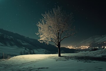 Enchanting Winter Night: Starry Skies Over Snow-Capped Mountains and Christmas Trees