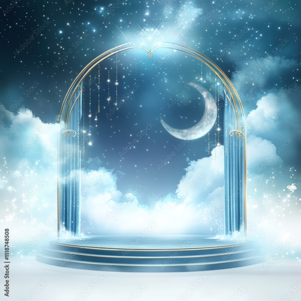 Magical Night Sky Stage with Crescent Moon Clouds and Golden Arch for ...