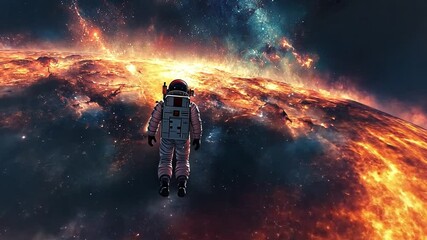 Poster - Astronaut floating near a fiery sun in a distant galaxy with vibrant colors and cosmic scenery
