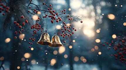 Wall Mural - Three golden bells hang amongst lush greenery and vibrant red berries, surrounded by delicate snowflakes and a glimmering festive background, capturing the essence of Christmas magic