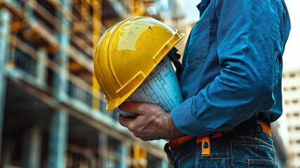 Poster - Construction worker holding blueprint on site during daylight hours in urban environment