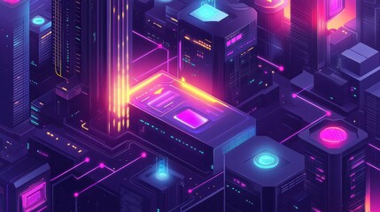 Poster - A vibrant digital cityscape with glowing buildings and intricate circuitry design.