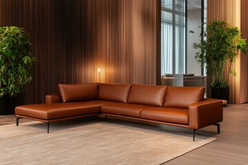 Wall Mural - Modern living room featuring a dark copper leather sofa, warm lighting, and a cozy atmosphere with wooden accents and a light wool rug