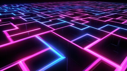 Poster - A neon maze design featuring glowing blue and pink lines on a dark background.
