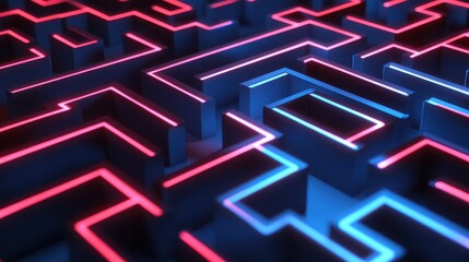 Poster - A stylized maze illuminated with blue and pink neon lights, creating a futuristic atmosphere.