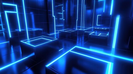 Poster - A futuristic digital landscape with glowing blue lines and geometric shapes.