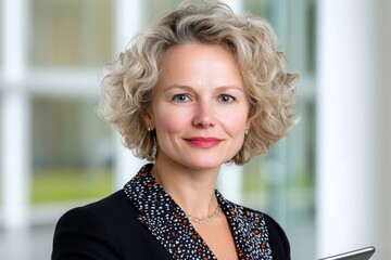 Poster - In an authentic shot through glass, a busy middle-aged professional woman is seen using a tablet in her office. The mature lady manager, an older female corporate executive, stands at her workplace.
