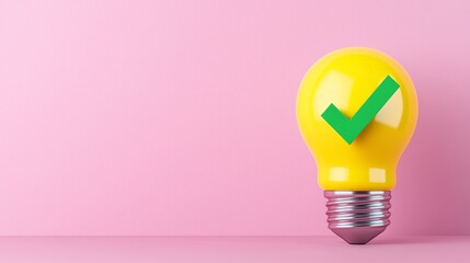Poster - On a gentle pastel backdrop, a luminous yellow light bulb with a green checkmark signifies innovative ideas and advanced technology in a three-dimensional design.