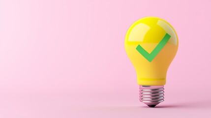 Poster - A vibrant yellow light bulb featuring a green checkmark on a soft pastel background, symbolizing fresh concepts and cutting-edge technology in a 3D design.
