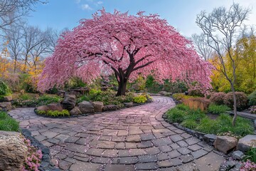 Wall Mural - During spring in Washington DC, pink cherry blossom sakura trees are set against a blue sky, with flower petals floating around.