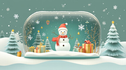 Wall Mural - Merry Christmas and Happy New Year greeting card featuring a snow product display with a cylindrical shape, a cute snowman, and a snowy winter landscape with falling snow.

