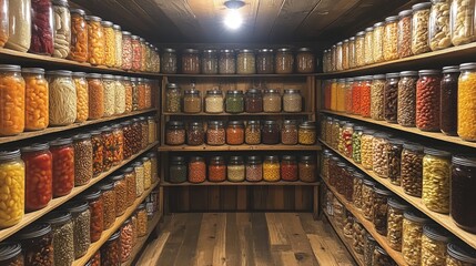 Poster - A variety of jars filled with colorful preserves and dried goods line wooden shelves in a cozy pantry. Bright light illuminates the organized collection, showcasing rich colors.