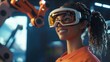 © Business Pics - young female worker smiling confident wearing safety goggles using robotic arm at factory