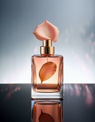 Wall Mural - A delicate rose petal adorns this amber perfume bottle, capturing a moment of elegance and fragrance.