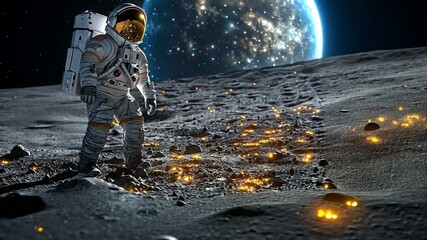 Poster - Astronaut explores sparkling lunar surface under distant galaxy in stunning 4k clarity