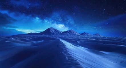 Wall Mural - Stunning Blue Desert Landscape Beneath a Starry Night Sky with the Milky Way Stretching Across the Horizon
