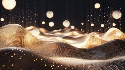 Poster - Abstract landscape with glowing spheres and textured waves, evoking depth and movement.