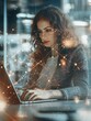 © Business Pics - Attractive european businesswoman using laptop in blurry office with abstract social network hologram. Connection and media concept. Double exposure
