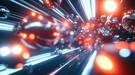 Poster - A vibrant, abstract representation of motion and energy with glowing spheres and beams.