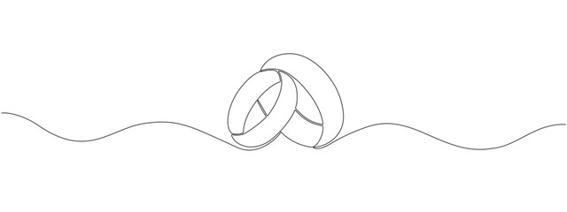 Poster - Drawing one continuous line of engagement rings. Symbol of love, engagement, marriage.  Romantic template for invitations and cards in simple linear style. Vector editable illustration.