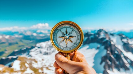 boy scouts navigating with compass on a mountain top, clear sky and nature--style raw