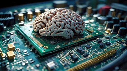 Poster - Human brain and electronic circuit board. Artificial intelligence and machine learning concept