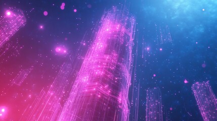 Poster - A futuristic digital landscape with towering structures and vibrant colors.