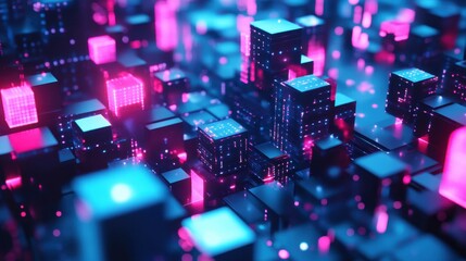  - A vibrant, futuristic cityscape with glowing cubes and neon lights.