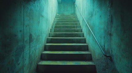 Leinwandbilder - In a dimly lit setting, a stairway ascends toward a cooler area. The walls are concrete with an eerie green hue, creating a mysterious and suspenseful ambiance.